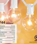 White Outdoor String Lights 25 Feet With 27 Globe Bulbs Edison Style G40 E12 Sockets IP44 Waterproof, glowing bulb close-up.