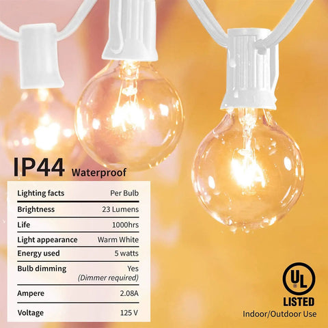 White Outdoor String Lights 25 Feet With 27 Globe Bulbs Edison Style G40 E12 Sockets IP44 Waterproof, glowing bulb close-up.