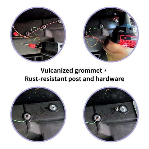 Close-up of RV Water Tank Probe Sensors 8 Pack with rust-resistant post and hardware showing vulcanized grommet and installation process.
