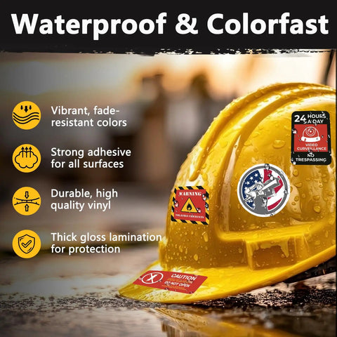 160 Pcs Funny Blue Collar Hard Hat Stickers For Adults Men Waterproof Vinyl Set For Welding Electrician Mechanic Construction Tool Box Helmet Water Bottle Decor on yellow hard hat with stickers showing durability features.