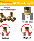 24 Pack 14mm X 1.5 OEM Bulge Seat Acorn Lug Nuts For 6 Lug GM Trucks Plug N Play Direct Fit with conical seat diagram