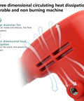 Close-up of red cordless concrete power trowel machine electric floor smoother with focus on heat dissipation feature