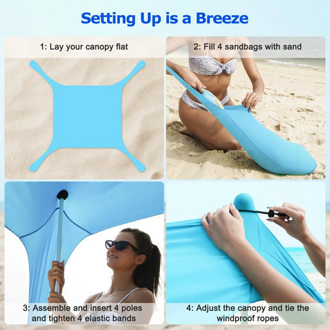 Steps to set up Beach Tent Sun Shelter 10x10ft Pop Up Canopy With UPF50 Plus Shade, including assembling poles and securing with sandbags.