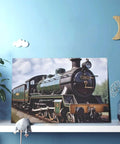 Steam Locomotive Train Canvas Wall Art 12 By 18 Inches Dope Living Room Decor Hanging Print on a blue wall shelf