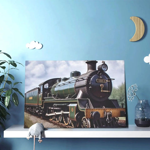 Steam Locomotive Train Canvas Wall Art 12 By 18 Inches Dope Living Room Decor Hanging Print on a blue wall shelf
