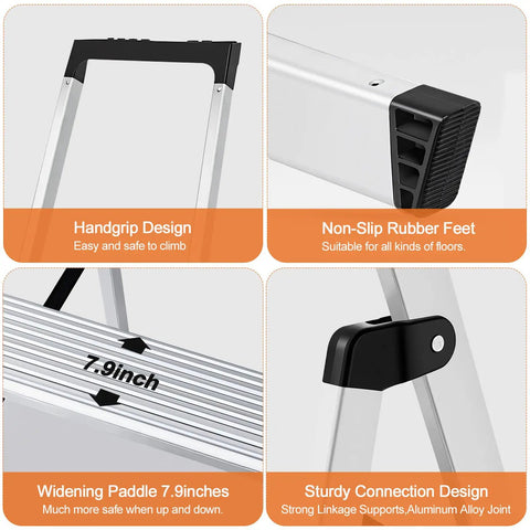 Beefed Up 6 Step Aluminum Folding Ladder With Wide Flared Base, Portable Compact Step Stool, Supports Up To 330 Lbs, close-up of handgrip, rubber feet, 7.9-inch paddle