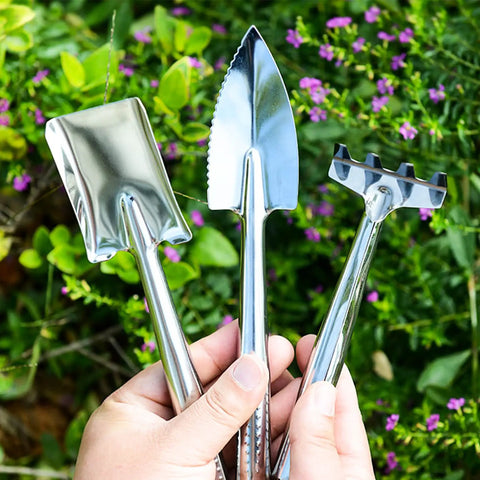 hand held garden tool set Three Piece Mini Garden Tools Set Stainless Steel Triangle Shovel Square  Transplant Spade And Hand Rake Lightweight For Loose Soil Succulents Potted