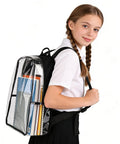 Girl wearing See Through Clear Backpack 16 Inch Large Capacity Bookbag For School College Work And Travel Black Transparent Design