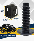 Black 10 32 Slide On Cage Nuts And Screws With Protective Plastic Washers 25 Pack Rack Mount Hardware Kit showing nut, screw, and washers.