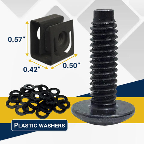 Black 10 32 Slide On Cage Nuts And Screws With Protective Plastic Washers 25 Pack Rack Mount Hardware Kit showing nut, screw, and washers.