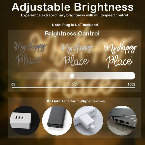My Happy Place Neon Sign Warm White Neon Lights For Bedroom Decor with adjustable brightness and USB interface