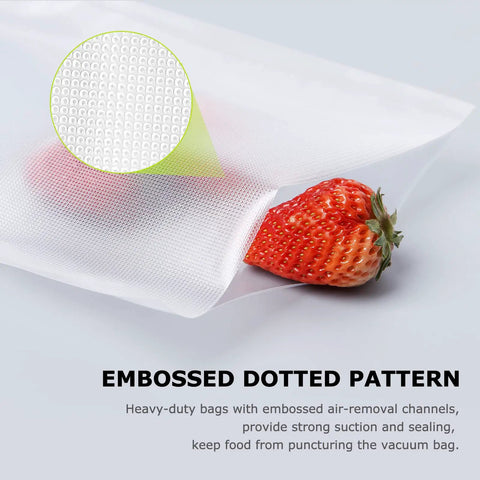 Precut Vacuum Sealer Bags 8x12 Inches Pro Grade BPA Free Textured Embossed Thick for storage and sous vide featuring embossed detail.