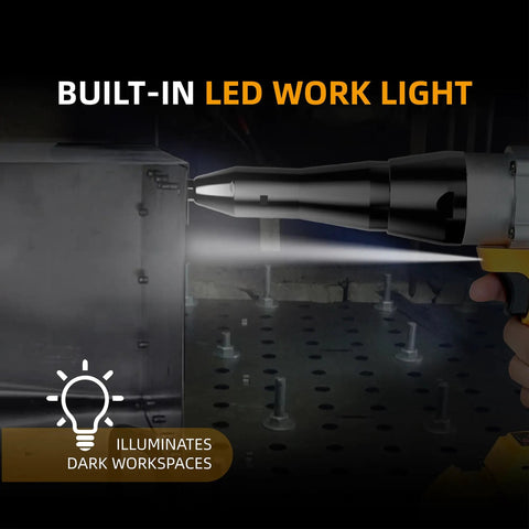 Funnywhale Cordless Electric Rivet Gun Fits Dewalt 20V Max illuminating a workspace with its built-in LED light.