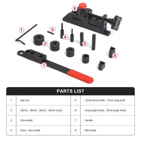 Front view of WINMAX manual mounting mini universal bending tool set with red handle and assorted dies