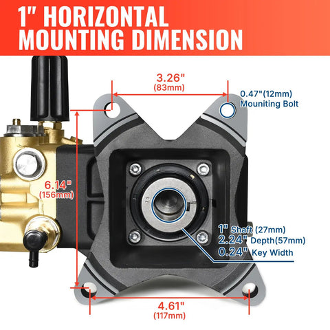 Horizontal Triplex Plunger Pressure Washer Pump 1 Inch Shaft 4000 PSI Three Point Five GPM Heavy Duty Replacement dimensions illustration