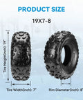 Diagram of 19x7-8 Tubeless Mini Bike Tire Replacement size with height, width, and rim diameter dimensions.