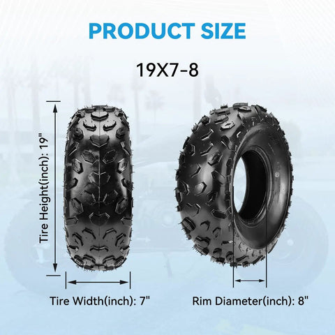 Diagram of 19x7-8 Tubeless Mini Bike Tire Replacement size with height, width, and rim diameter dimensions.