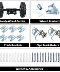 Wall Mounted Rolling Gate Hardware Kit for Chain Link and Sliding Gates with 6 inch wheel carrier, brackets, rollers, screws.