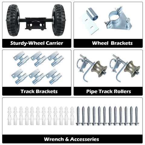 Wall Mounted Rolling Gate Hardware Kit for Chain Link and Sliding Gates with 6 inch wheel carrier, brackets, rollers, screws.