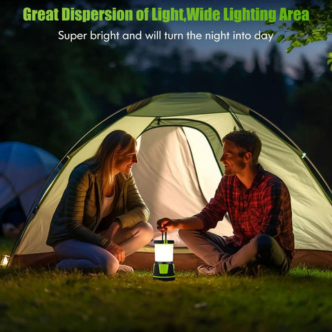 Two campers using Beast Bright 3000 Lumen Rechargeable Lantern With 5 Light Modes outside tent at night