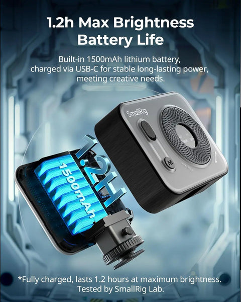 Vibe P96 Pro LED Video Light For Camera, showing battery life and charging via USB-C, 1500mAh capacity, black
