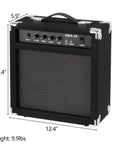 30W Bass Amp With Retractable Handle For Home Practice And Gig Ready Stage Performance, 8 Inch Speaker, Compact Bass Guitar Amplifier With Four Buttons And One Eighth Inch Auxiliary Input, dimensions shown