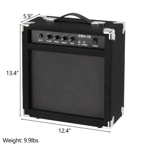 30W Bass Amp With Retractable Handle For Home Practice And Gig Ready Stage Performance, 8 Inch Speaker, Compact Bass Guitar Amplifier With Four Buttons And One Eighth Inch Auxiliary Input, dimensions shown