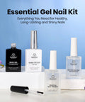 4-Piece Gel Nail Kit With Base Coat, Top Coat, Dehydrator And Primer arranged with flowers, 15ml bottles, on blue background