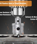 2-inch tungsten carbide tipped hole saw kit with spring-loaded pilot bit drilling into metal