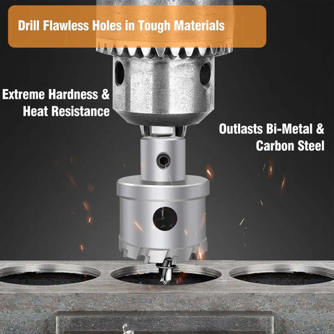 2-inch tungsten carbide tipped hole saw kit with spring-loaded pilot bit drilling into metal