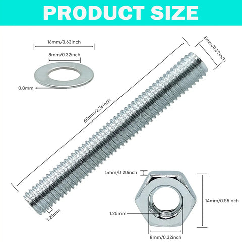 10 Piece M8 All Thread Lamp Rod Repair Kit Galvanized Iron Hollow Lamp Pipes With Hex Nuts And Washers For Chandelier And Ceiling Light 60mm Length DIY Electrical Repair And Beefed Up Hardware Set showing rod, nut, washer with dimensions.
