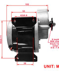 Side view of 12V 250W Gear Reduction Motor With 9 Tooth Sprocket MY1016Z2 Brushed Drive Motor showing dimensions and sprocket.