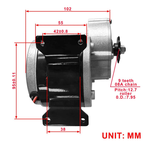 Side view of 12V 250W Gear Reduction Motor With 9 Tooth Sprocket MY1016Z2 Brushed Drive Motor showing dimensions and sprocket.