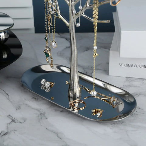 Dope Tree Tower Jewelry Rack with Metal Tray displaying necklaces and rings, countertop display for living room, bathroom, and office.