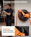 Pro Level Retractable Air Hose Reel Including 3/4 Inch By 50 Foot Pvc Hose With Snappy Auto Rewind mounted on wall in garage.