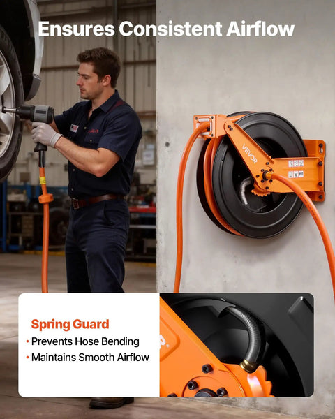 Pro Level Retractable Air Hose Reel Including 3/4 Inch By 50 Foot Pvc Hose With Snappy Auto Rewind mounted on wall in garage.