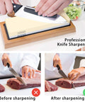 Pro Grade Whetstone Knife Sharpening Set in use, showing grit sharpening on bamboo base, with before and after meat cutting comparison.