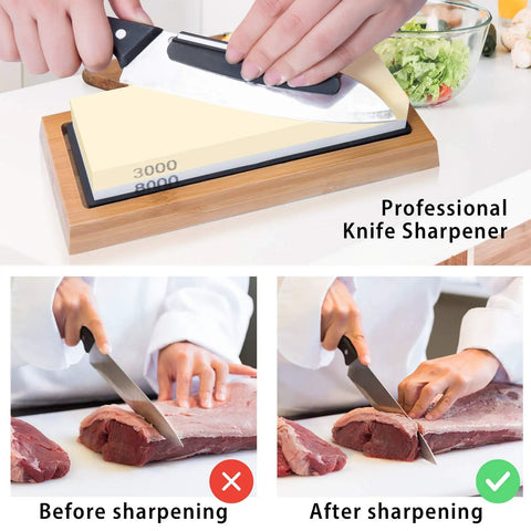 Pro Grade Whetstone Knife Sharpening Set in use, showing grit sharpening on bamboo base, with before and after meat cutting comparison.