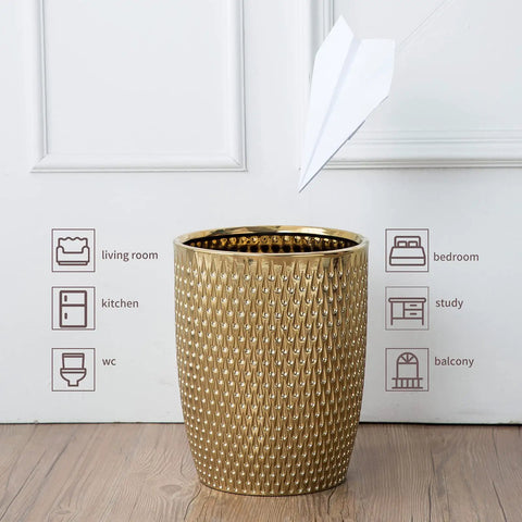Golden Modern Small Trash Can Wastebasket For Bathrooms Powder Rooms Kitchens And Home Offices Durable Ceramic Round Garbage Container Bin