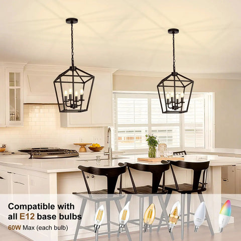 Dope Industrial Black Lantern Chandelier With Farmhouse Metal Cage, 4 Light Rustic Hanging Ceiling Fixture over kitchen island