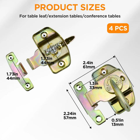 Heavy Duty 4 Piece Dining Table Locks For Rock Solid Alignment And Dead Set Anti Drift Prevention Featuring Tough Spring Loaded Steel Connectors. Sizes displayed for installation.