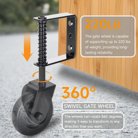 Close-up of Beefed Up Heavy Duty Gate Wheel With Spring Loaded 4.3 Inch Gate Caster For Outdoor Fences And Farm Gates