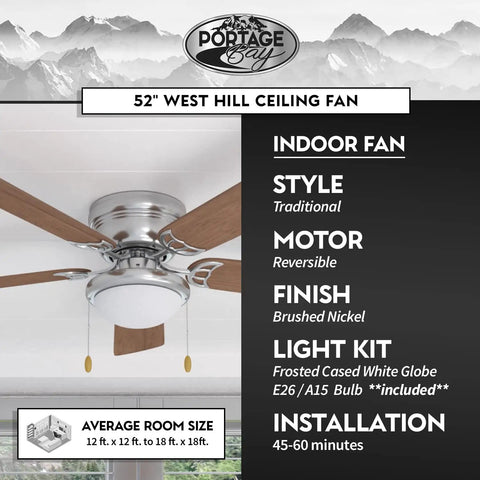 Low Ceiling Friendly Hugger 52 Inch White Ceiling Fan With Bowl Light Kit, reversible motor, nickel finish, dual finish blades