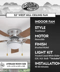 52 Inch Hugger Ceiling Fan With Bowl Light Kit In Brushed Nickel, Low Profile 11.5 Inch Drop, 5 Dual Finish Blades, West Hill Style