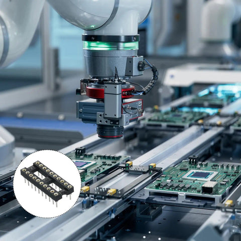 Robotic arm assembling PCB with 20 Pack 2.54mm Pitch DIP IC Socket Dual Row 20 Pins Round Pins Soldering Friendly
