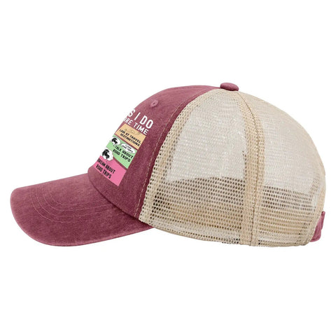 Deep rose Funny Spare Time RV Camper Trucker Hat For Men with beige mesh back and text print, adjustable fit cap
