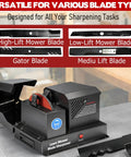 Real Deal Yard Work Savior Heavy Duty 7 Inch Lawn Mower Blade Sharpener showing multiple blade types for sharpening.