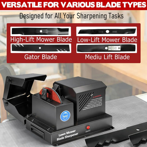 Real Deal Yard Work Savior Heavy Duty 7 Inch Lawn Mower Blade Sharpener showing multiple blade types for sharpening.