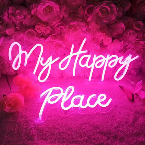 Pink LED Neon Light Sign My Happy Place Two Panel Wall Decor in front of pink roses, bright glow for cozy indoor spaces