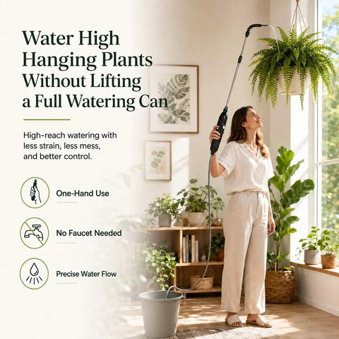 Woman using Super Handy High Reach Plant Waterer For Indoor Plants With Telescoping Wand From 25.6 To 35.4 Inches And 2000mAh